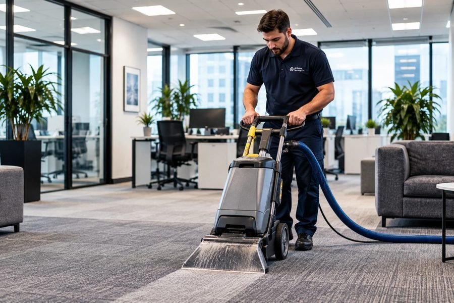 Anthony operative machine-extraction cleaning carpet in a modern office