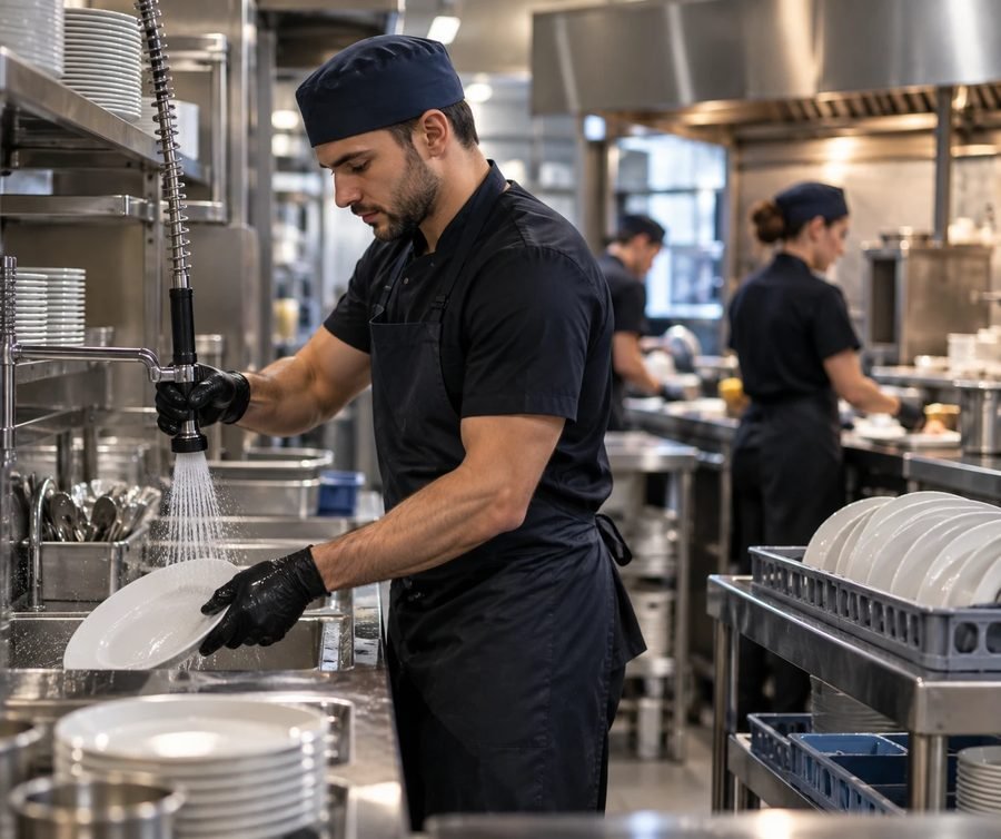 Anthony kitchen porter washing dishes in a professional kitchen