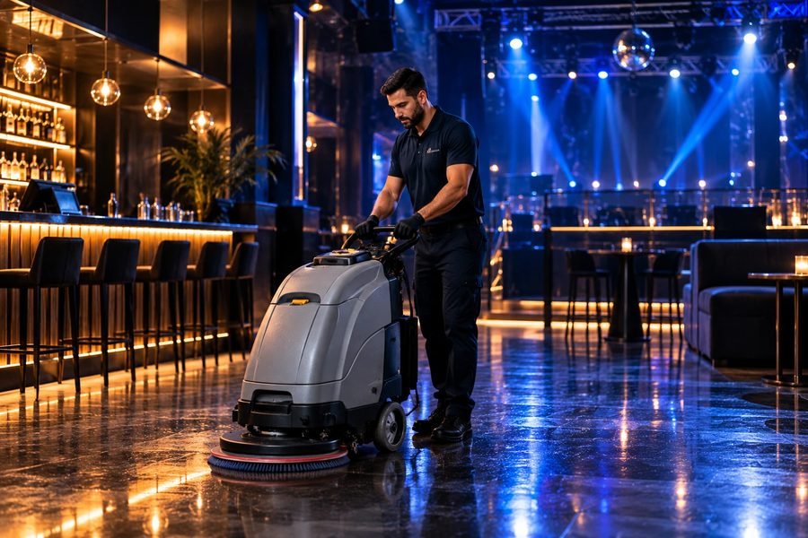 Anthony operative machine-scrubbing the floor of a nightclub