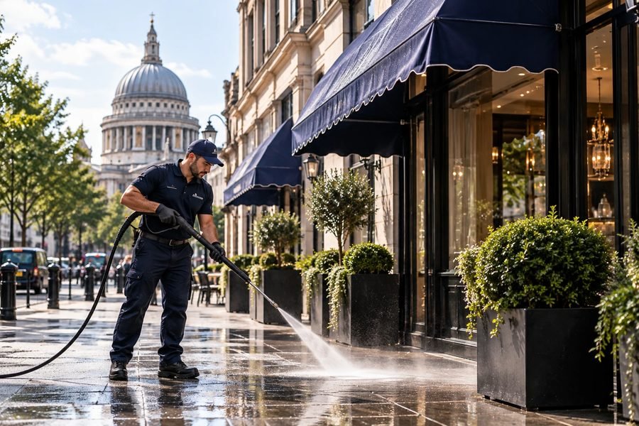 Anthony operative pressure washing a pavement outside a London storefront