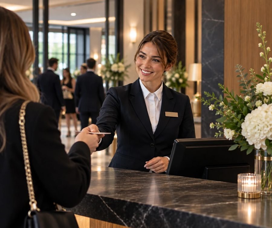 Anthony receptionist welcoming a guest at the front desk