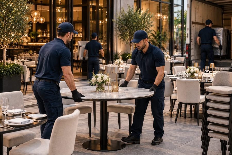 Anthony logistics team repositioning restaurant furniture on an outdoor terrace