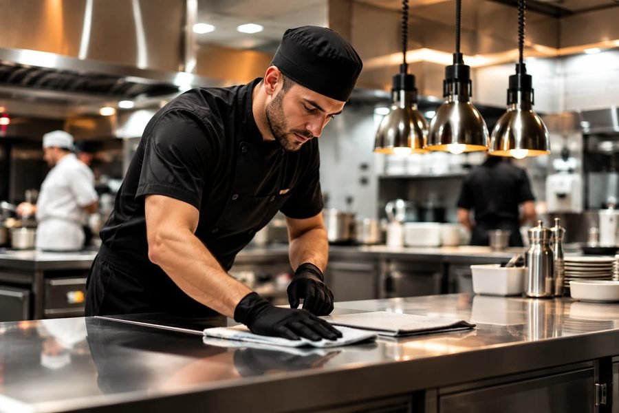 Anthony operative cleaning a stainless steel counter in a professional restaurant kitchen
